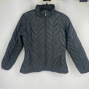Eddie Bauer Womens Large Goose Down Full Zip Jacket Quilted Black Gray ski
